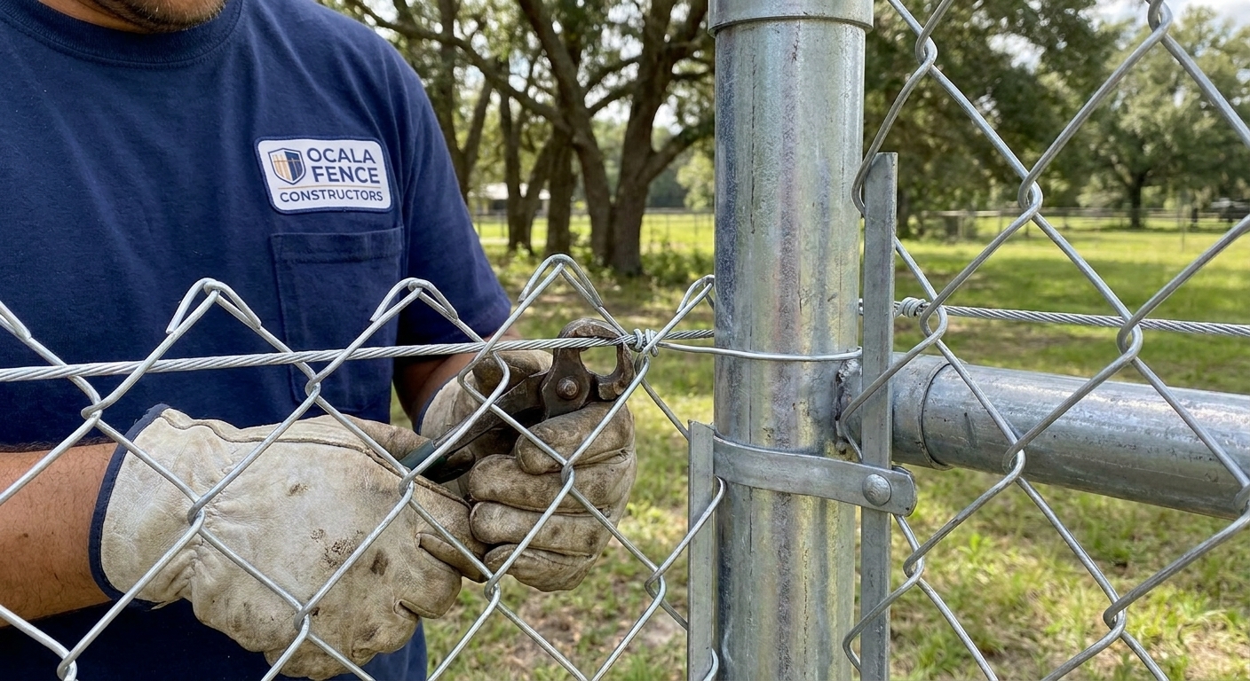 Close-up of galvanized chain link fence fabric and post