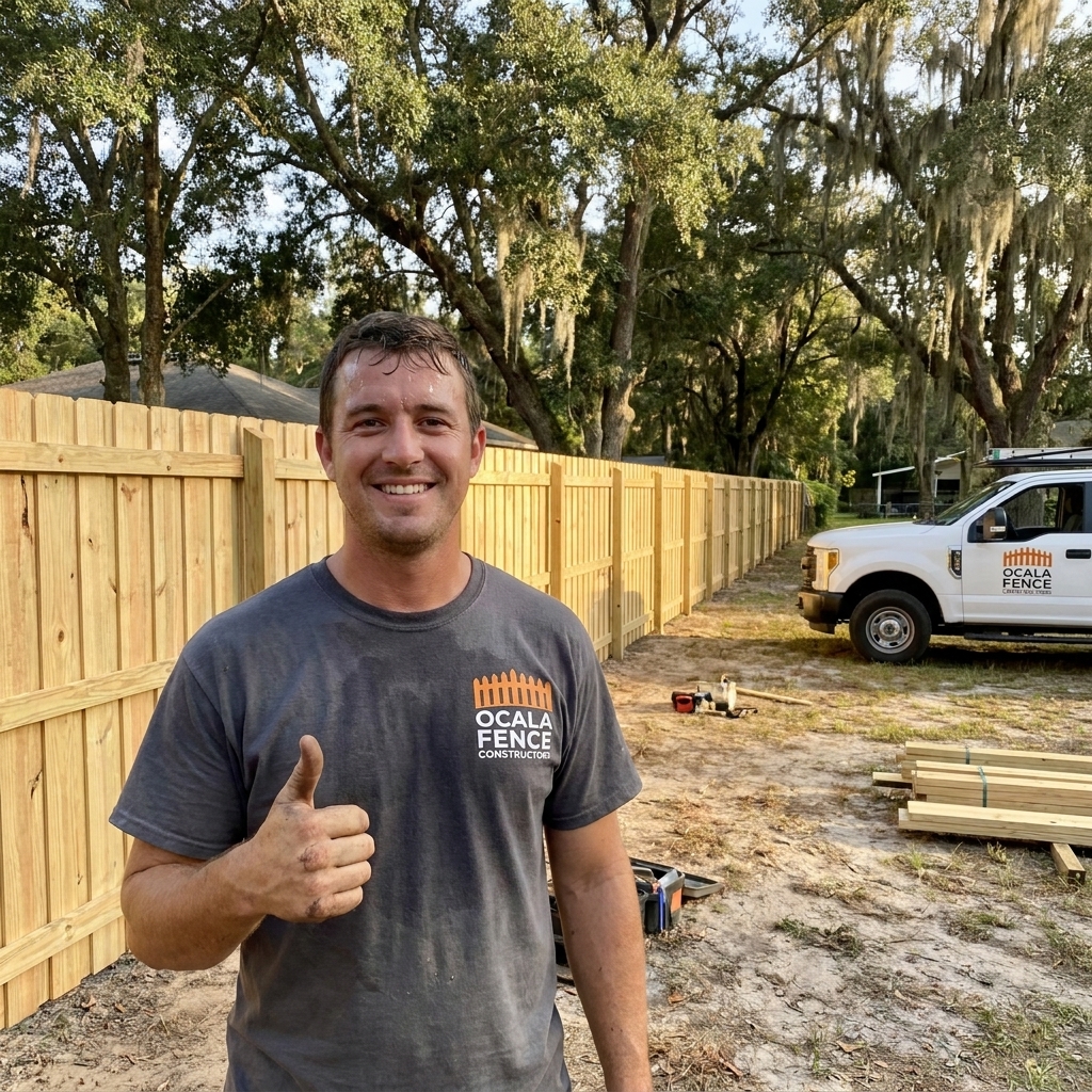 Ocala Fence Contractors crew member giving a thumbs up on a finished fence