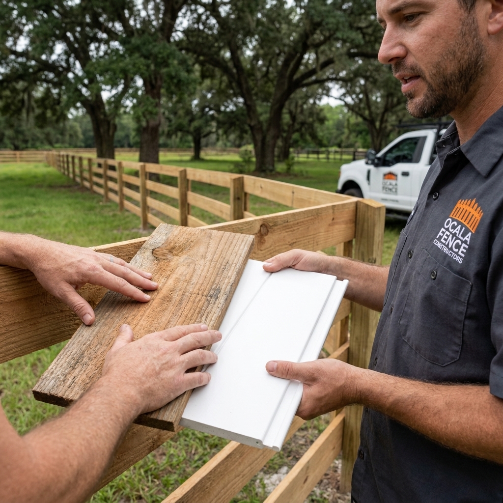 Ocala fence contractor showing wood and vinyl fence material samples to a homeowner