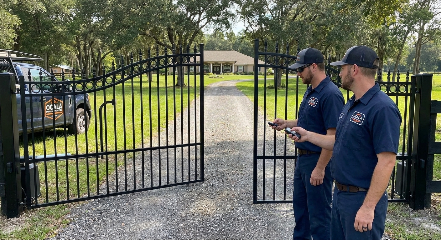Automatic driveway gate installed on an aluminum fence in Ocala