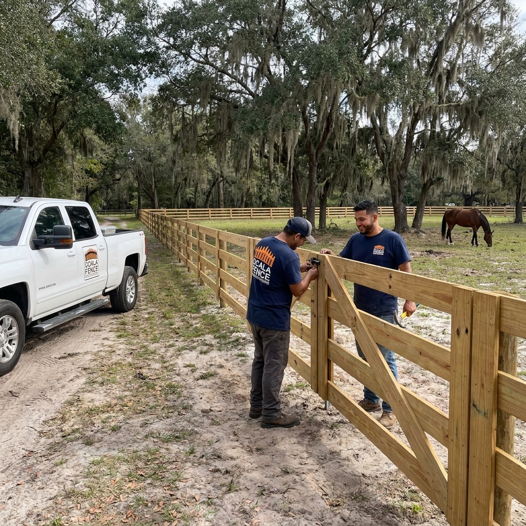 Wood board fence around a horse pasture near Ocala