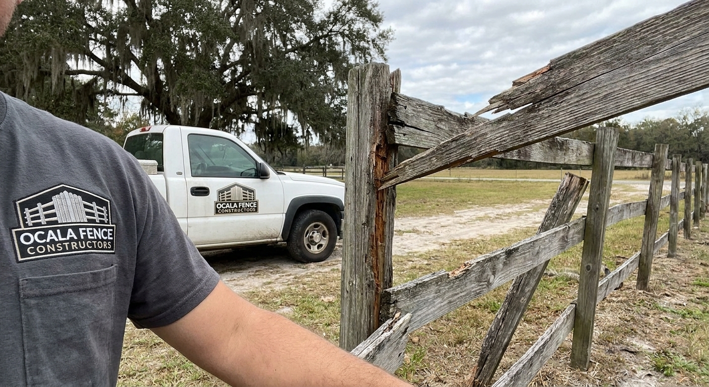 Old weathered wood fence in Ocala in need of repair or replacement