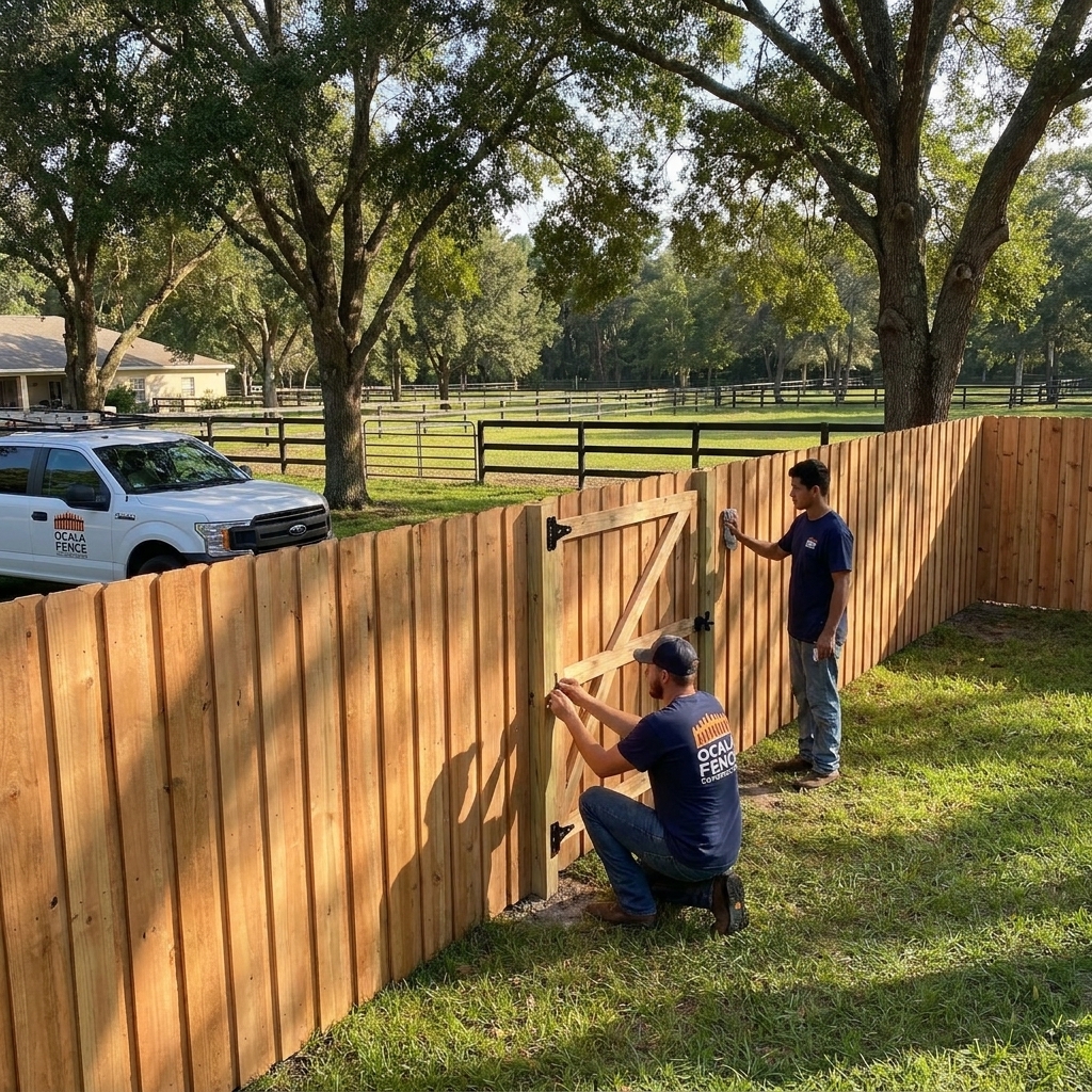 Wood privacy fence with gate around a Marion County backyard